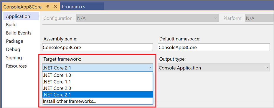 .NET Core 프로젝트의 대상 프레임워크 버전