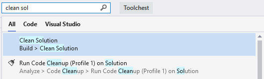 Visual Studio 메뉴 항목 및 명령에 대한 검색 예제의 스크린샷