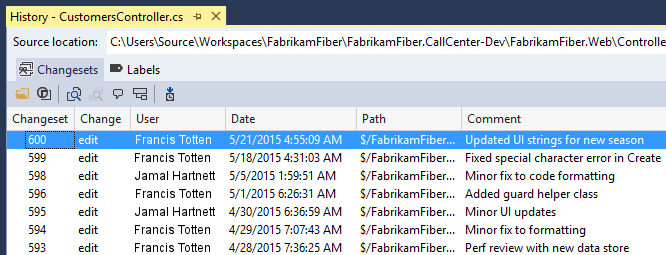 Visual Studio 2019용 CodeLens의 모든 파일 변경 내용 표시 옵션에 대한 기록 창 스크린샷