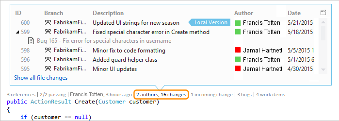 Visual Studio 2019용 CodeLens에서 코드의 변경 기록 데이터를 보여 주는 스크린샷