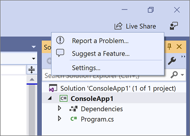 Visual Studio 2019의 피드백 보내기 메뉴 스크린샷