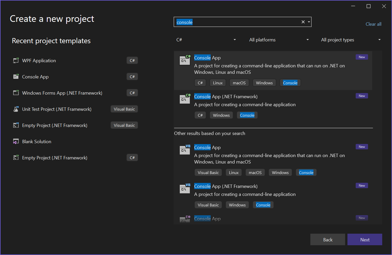 원하는 템플릿을 선택하는 Visual Studio 2022의 '새 프로젝트 만들기' 창 스크린샷