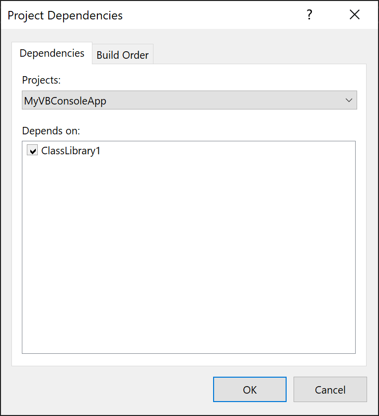 프로젝트 종속성 대화 상자의 스크린샷
