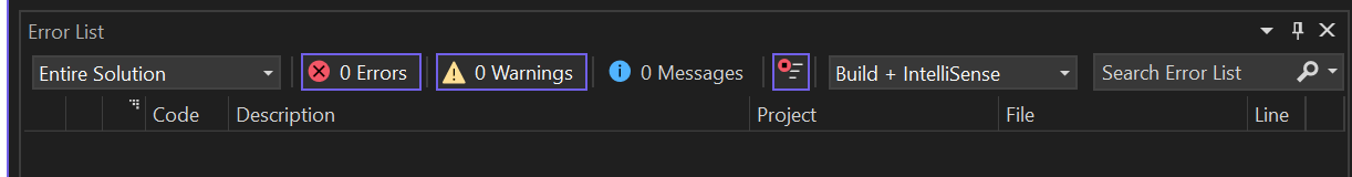Visual Studio 2022의 오류 목록 스크린샷