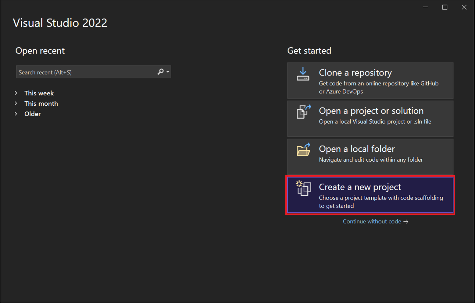 Visual Studio 2022의 시작 창에서 '새 프로젝트 만들기' 대화 상자의 스크린샷