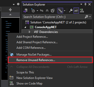 사용되지 않는 참조 제거 명령의 스크린샷