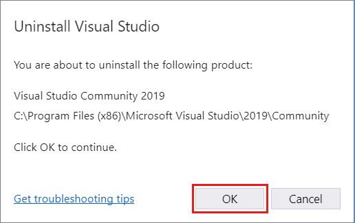 Visual Studio 2019를 제거할지 확인하는 대화 상자를 보여 주는 스크린샷