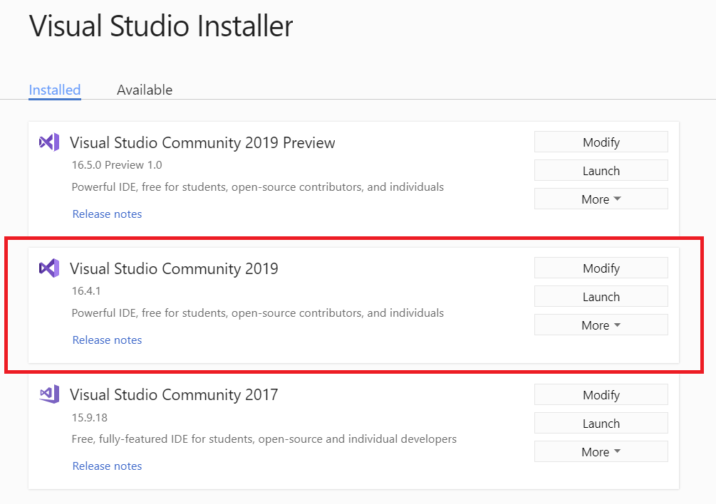 Visual Studio 설치 관리자의 Visual Studio 설치 목록 스크린샷