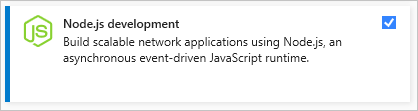 Visual Studio 설치 관리자에서 선택한 Node j의 워크로드를 보여 주는 스크린샷