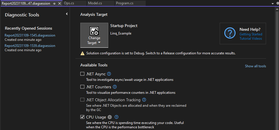 진단 도구의 최근에 열린 세션 목록 스크린샷.