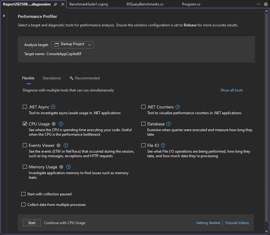 성능 프로파일러의 스크린샷.