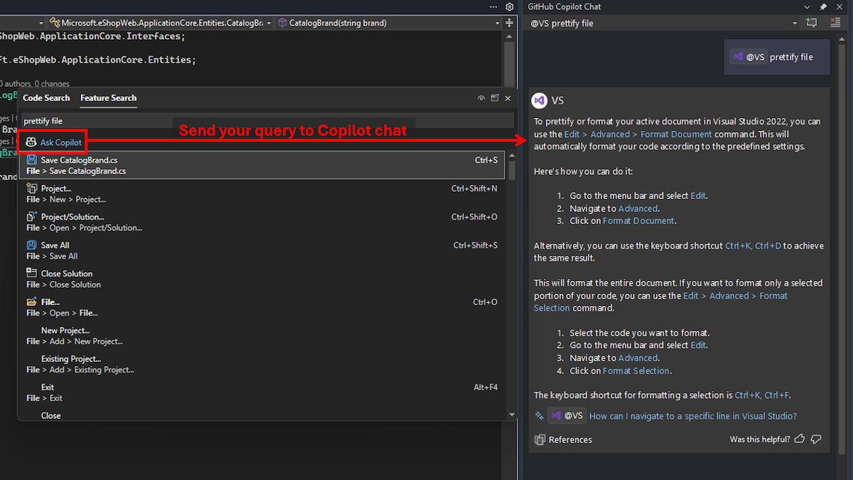 기능 검색 코파일럿 요청 버튼