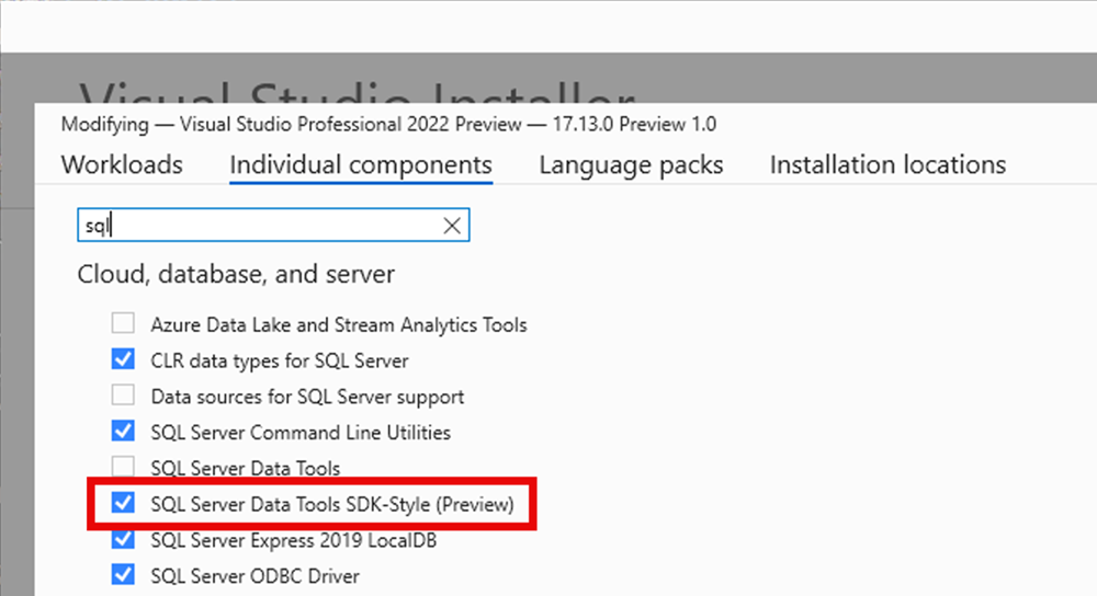 설치 관리자가 SSDT 미리 보기 기능을 활성화합니다