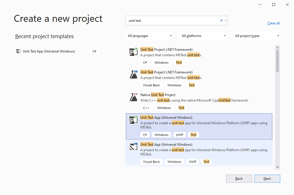 Visual Studio에서 새 UWP 단위 테스트 앱을 만드는 방법을 보여 주는 스크린샷입니다.