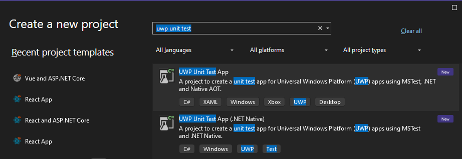 Visual Studio에서 새 UWP 단위 테스트 앱을 만드는 방법을 보여 주는 스크린샷입니다.
