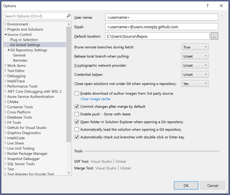 Visual Studio IDE에서 개인 설정 및 사용자 지정 설정을 선택할 수 있는 옵션 대화 상자입니다.