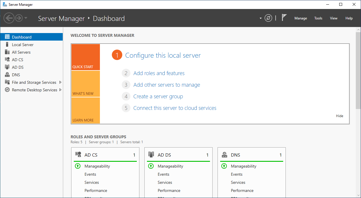 설치된 역할에 대한 구성 옵션 및 상태 타일이 있는 서버 관리자 대시보드를 보여 주는 스크린샷