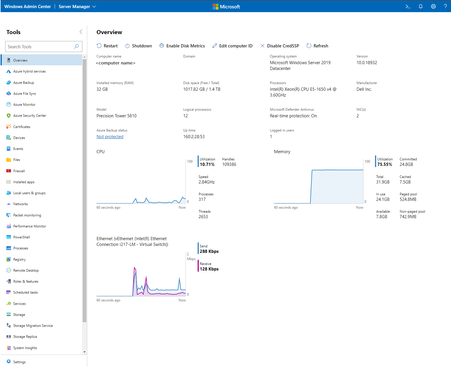 서버 연결에 대한 Windows Admin Center 개요 페이지를 보여 주는 스크린샷