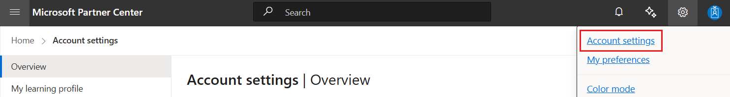 Microsoft 파트너 센터의 기어 메뉴에서 계정 설정 옵션을 보여 주는 스크린샷