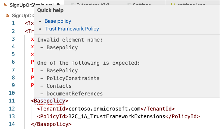Captura de tela do indicador de erro de validação de esquema XML do VS Code.