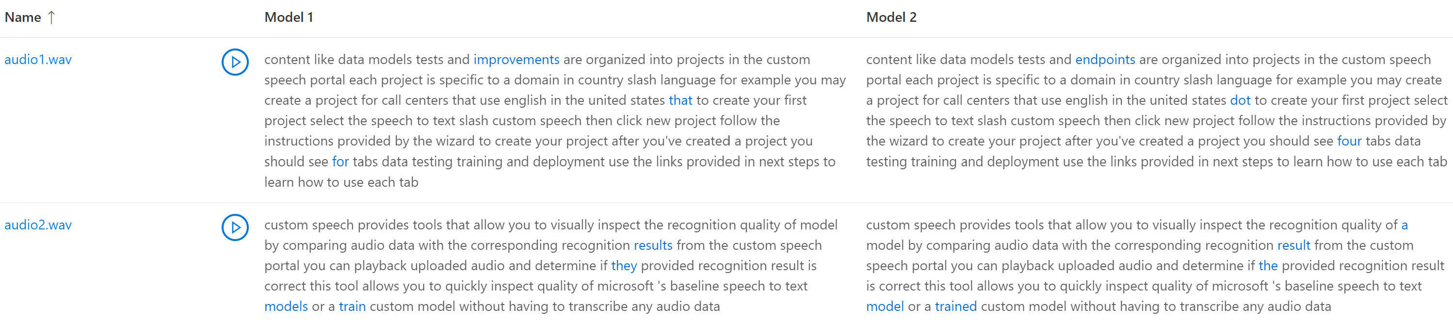 Captura de tela da comparação de transcrições por dois modelos