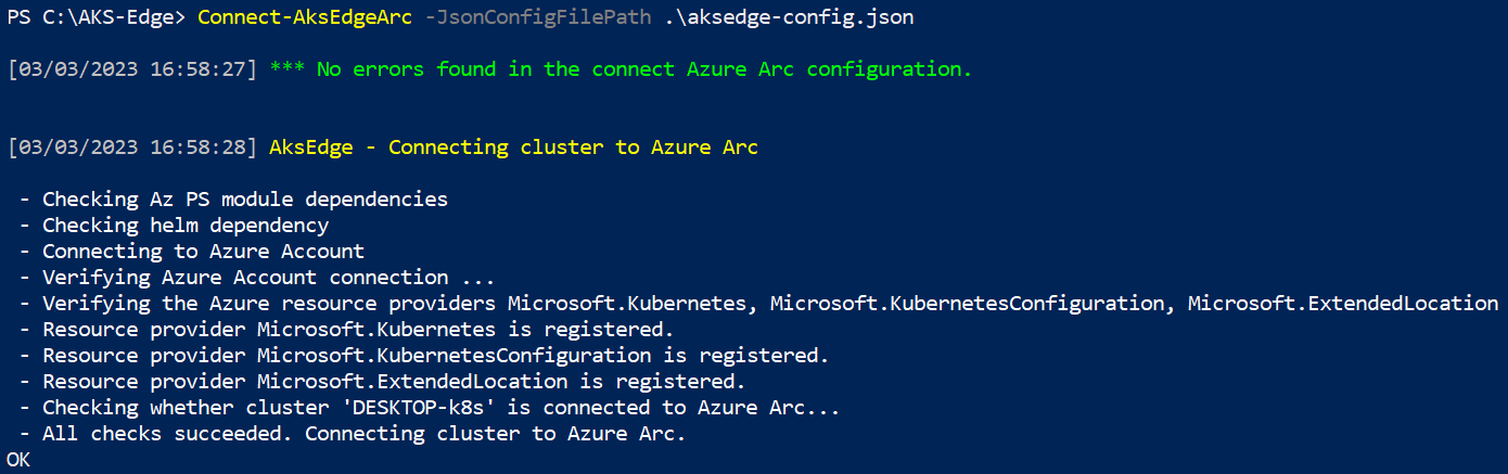 Captura de tela mostrando o prompt do PowerShell durante a conexão com o Arc.