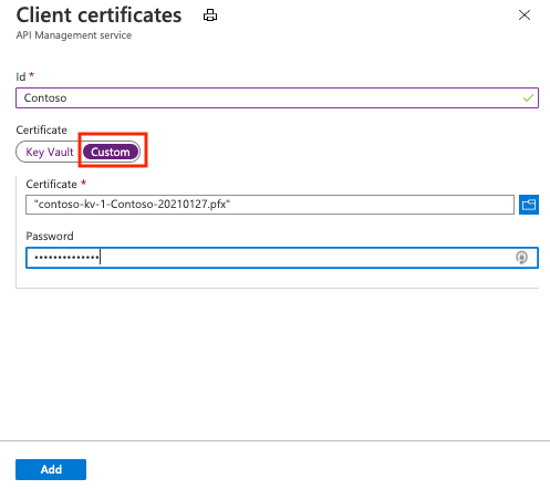 Captura de tela do upload de um certificado do cliente no Gerenciamento de API no portal.