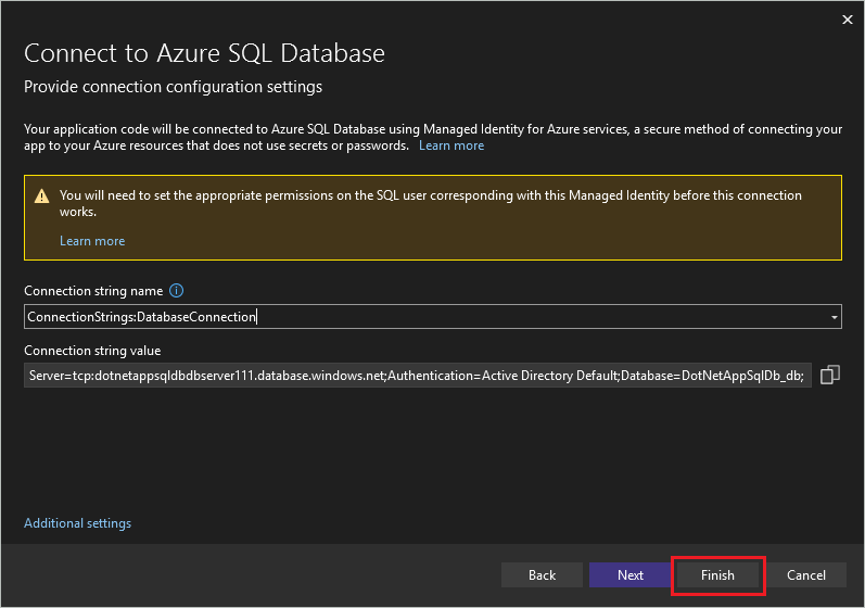 Captura de tela com mensagem sobre configurar a identidade gerenciada para a conexão funcionar.