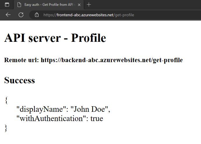 Captura de tela do navegador de internet mostrando o aplicativo de front-end após obter com êxito o perfil falso do aplicativo de back-end.