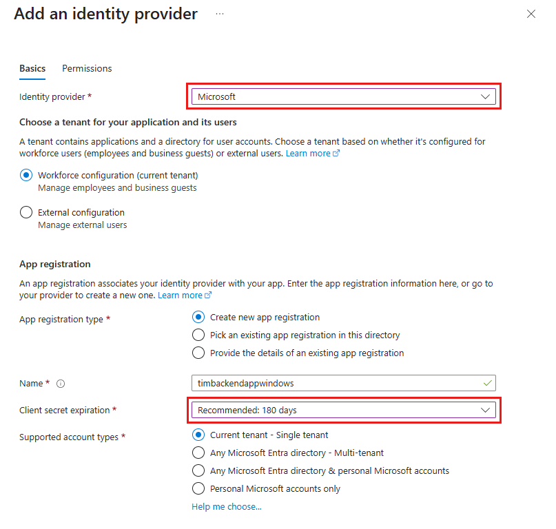 Captura de tela do menu esquerdo do aplicativo de back-end mostrando a Autenticação/Autorização selecionada e as configurações selecionadas no menu à direita.