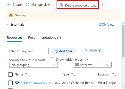 Uma captura de tela mostrando o local do botão Excluir Grupo de Recursos no portal do Azure.