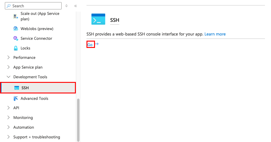 Uma captura de tela que mostra como abrir o shell SSH para seu aplicativo no portal do Azure.
