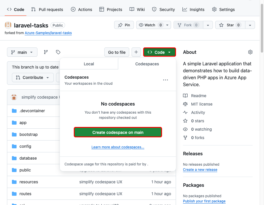 Uma captura de tela mostrando como criar um codespace no GitHub.