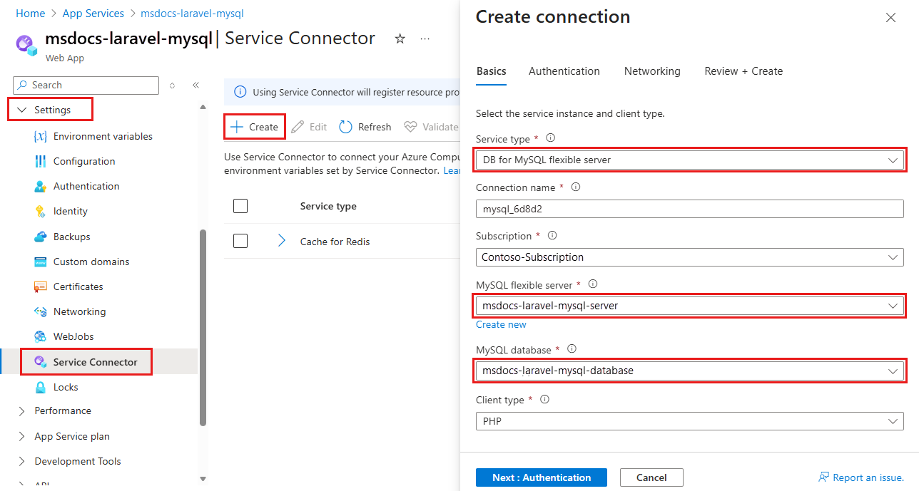 Captura de tela mostrando como editar um conector de serviço com uma conexão de cofre de chaves.