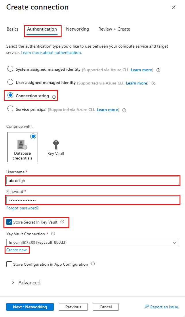 Uma captura de tela que mostra como editar um conector de serviço com uma conexão de cofre de chaves.