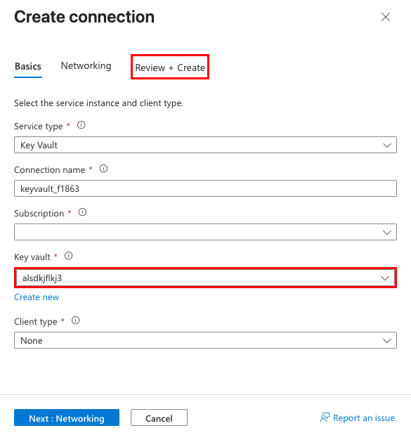 Uma captura de tela que mostra como configurar um conector de serviço do Key Vault.