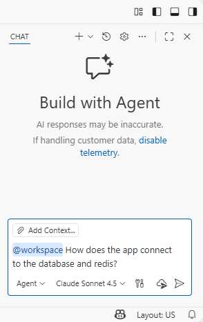 Uma captura de tela mostrando como fazer uma pergunta em uma nova sessão de chat do GitHub Copilot.