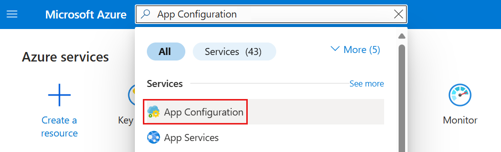 Captura de tela do portal do Azure que mostra o serviço configuração de aplicativo na barra de pesquisa.