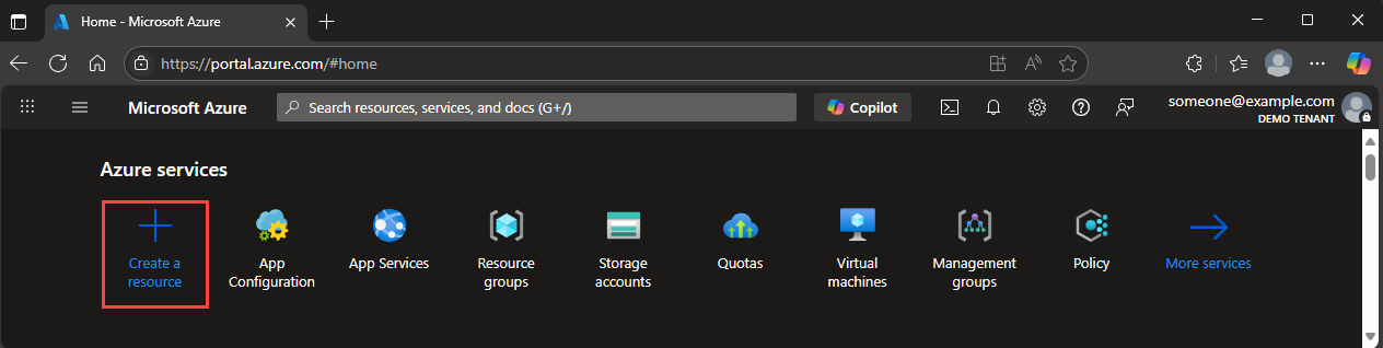 A captura de tela mostra a opção Criar um recurso no portal do Azure.