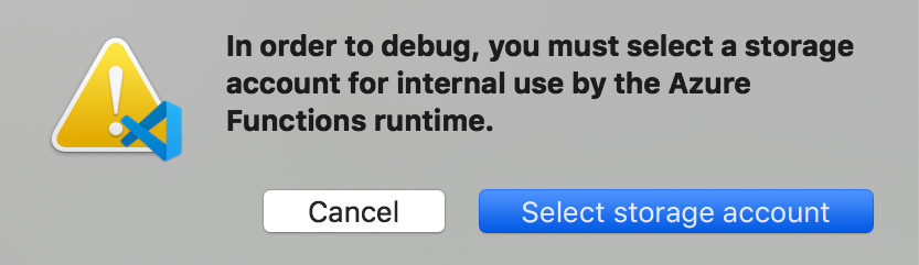 Captura de tela de uma janela de alerta do Visual Studio Code. Selecionar conta de armazenamento está realçado.