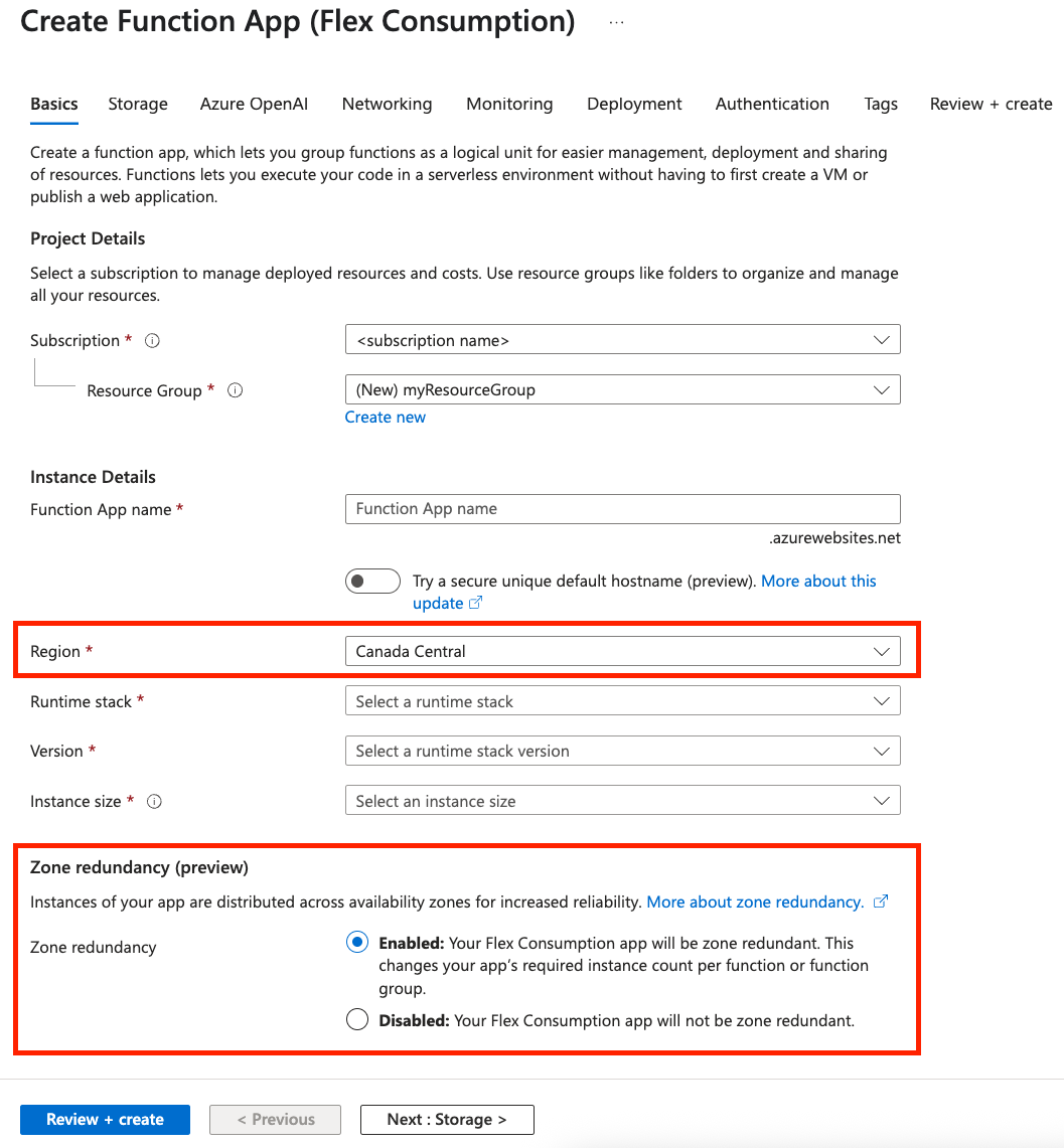Captura de tela da guia Informações básicas da página de criação do aplicativo de funções de Consumo Flexível.
