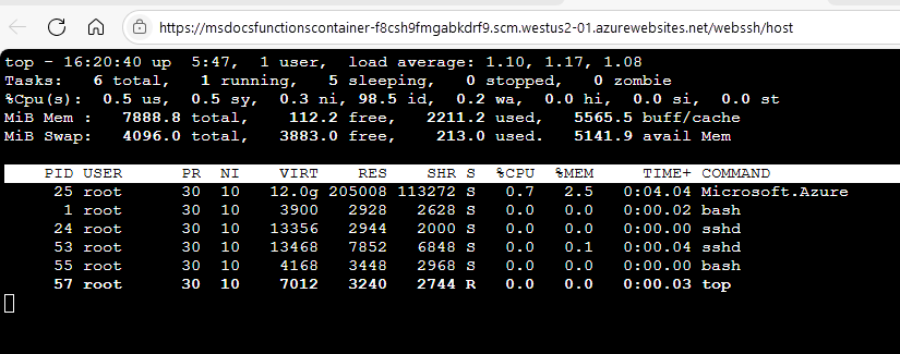 Captura de tela mostrando o comando superior do Linux em execução em uma sessão de SSH.