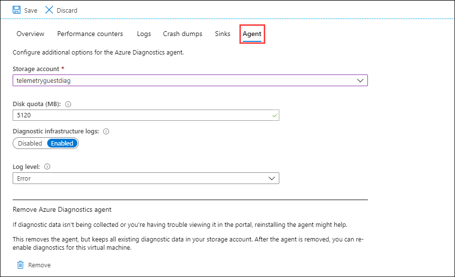 Captura de tela que mostra a guia Agente com a opção para definir a conta de armazenamento.