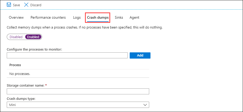 Captura de tela que mostra a guia Despejos de memória.