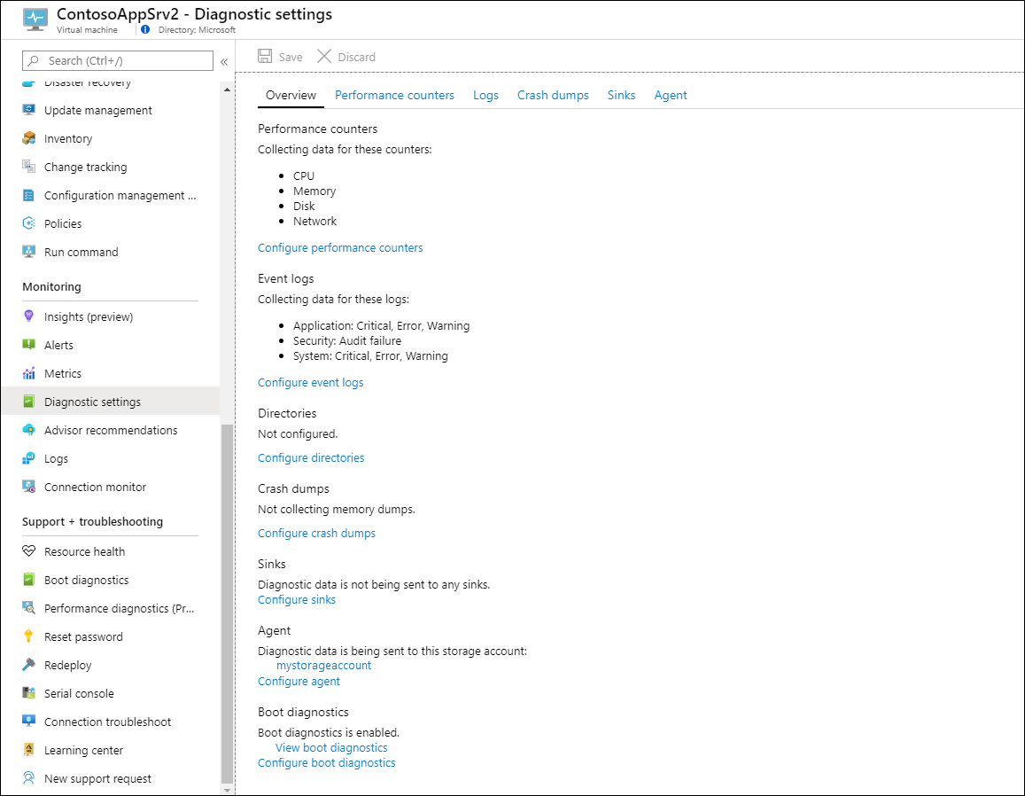 Captura de tela que mostra as configurações de Diagnóstico.