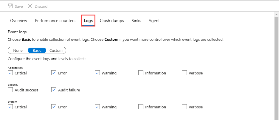 Captura de tela que mostra a guia Logs com diferentes logs selecionados para uma máquina virtual.