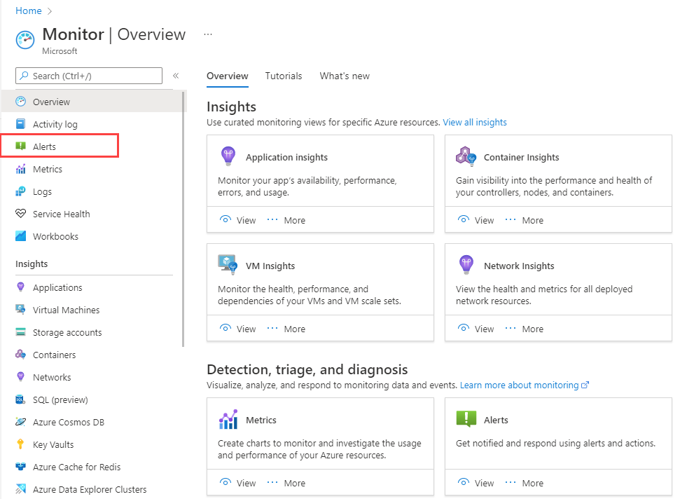 Captura de tela que mostra Alertas no menu do Azure Monitor.