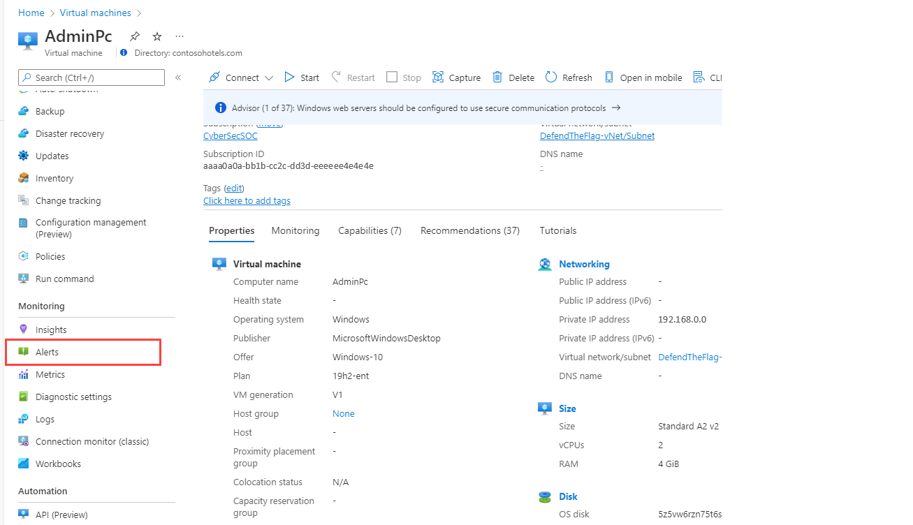 Captura de tela que mostra Alertas no menu de um recurso no portal do Azure.