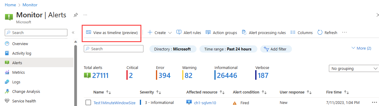 Captura de tela que mostra o botão de exibição da linha do tempo da página de resumo de Alertas no portal do Azure.