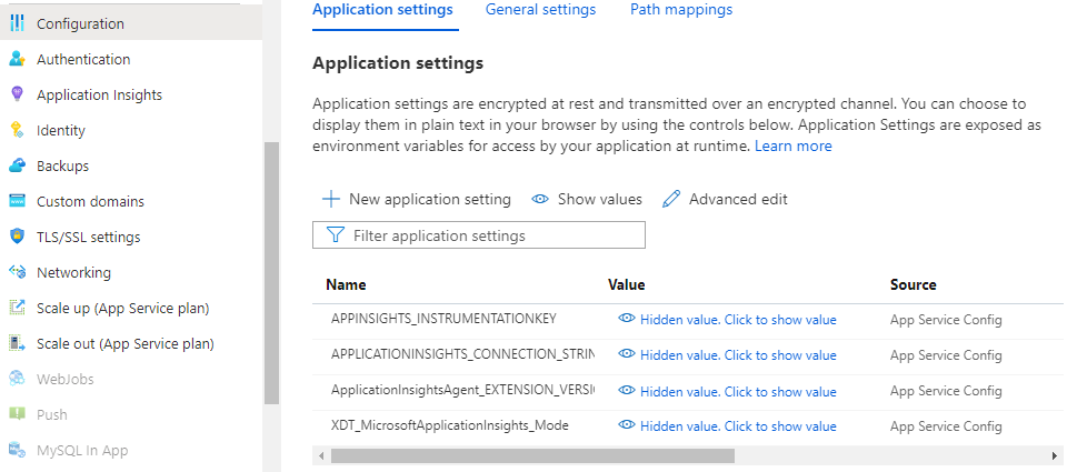 Captura de tela das Configurações do Serviço de Aplicativo com as configurações disponíveis do Application Insights.
